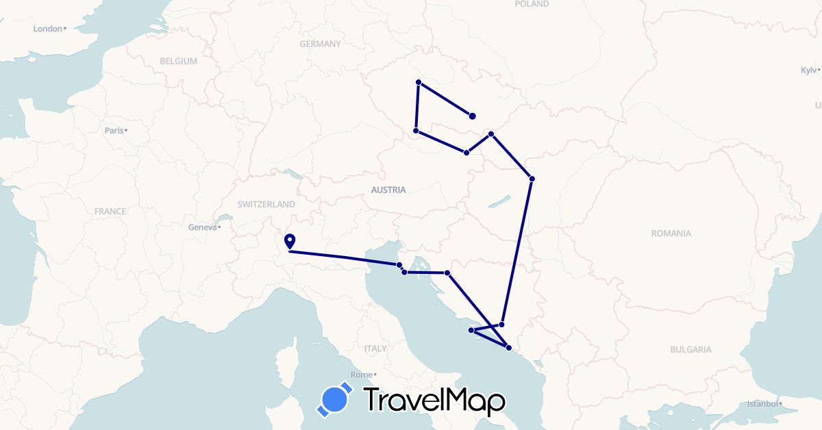 TravelMap itinerary: driving in Austria, Bosnia and Herzegovina, Czech Republic, Croatia, Hungary, Italy, Slovakia (Europe)
